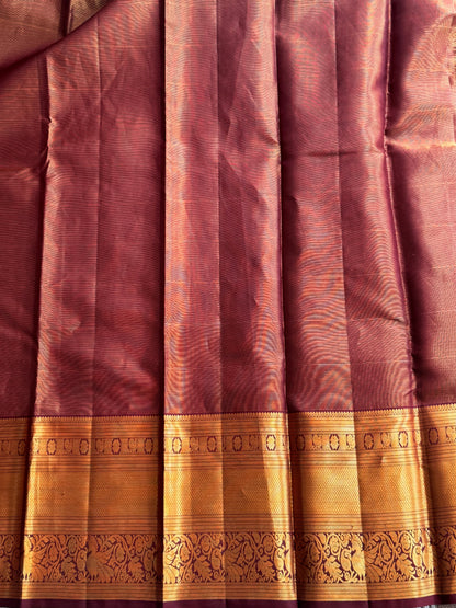 Brown Pure Kanjivaram Silk Saree | Weaving Border With Oosi Lines And Kolam Motif  | Handloom | Silk Mark Certified