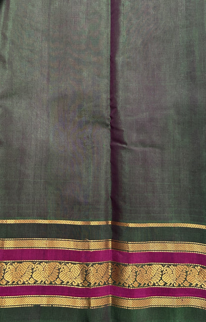 Gadwal Sico Saree Gray colored complemented with a Green Kanchi Gap Border. - Sampradaya Designer Studio