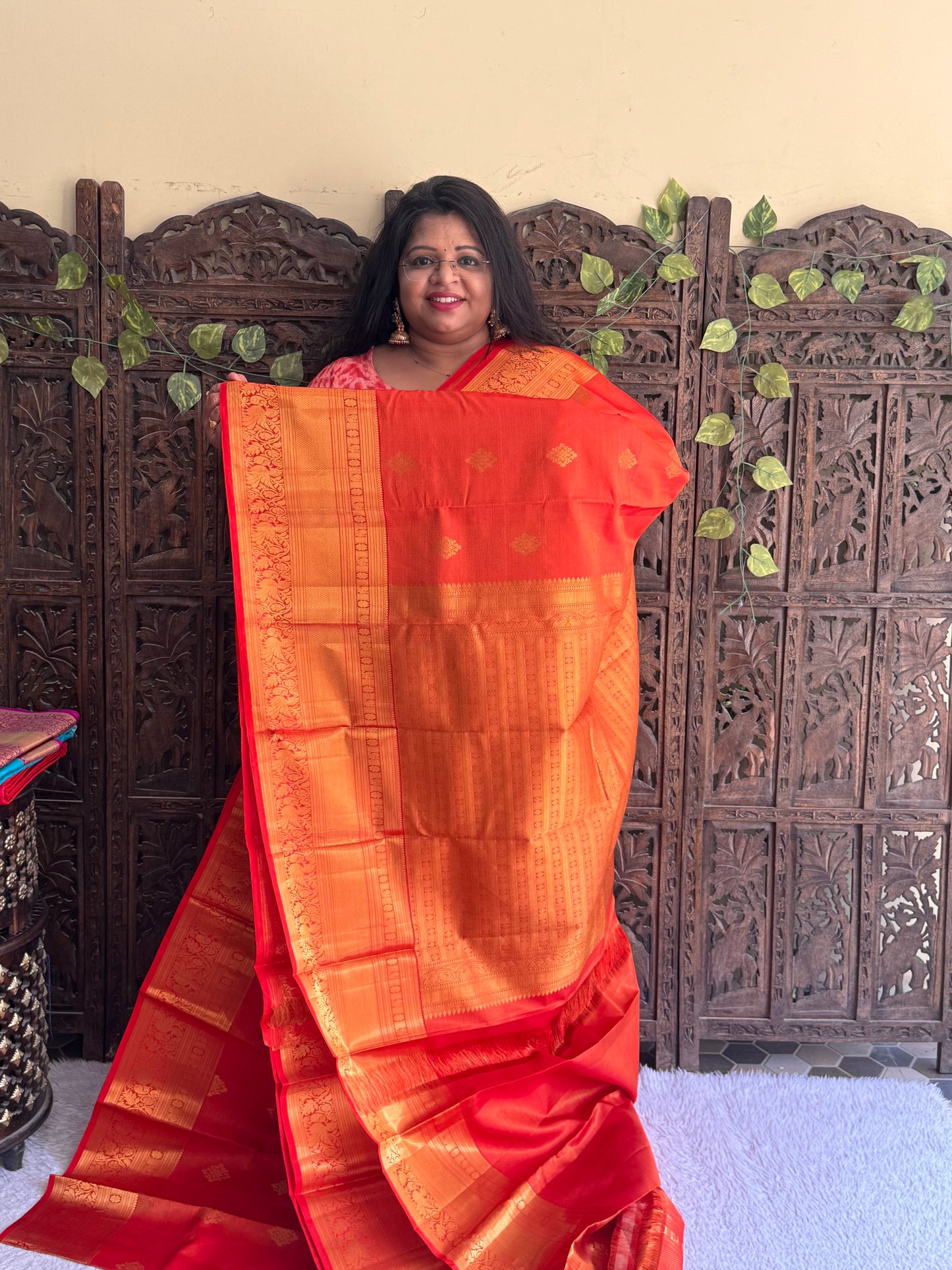 Red Pure Kanjivaram Silk Saree | Weaving Border With Oosi Lines And Kolam Motif  | Handloom | Silk Mark Certified