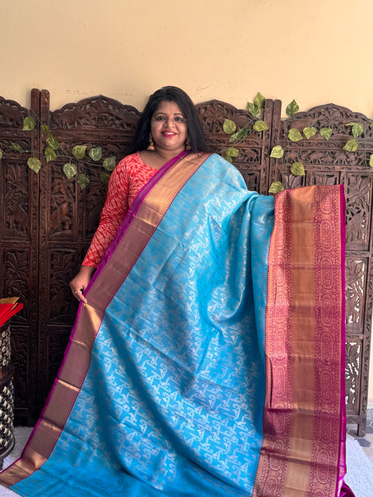 Blue Kanjivaram Silk Saree | Weaving Border With Geometric Pattern & Parrot Butta | Handloom | Silk Mark Certified