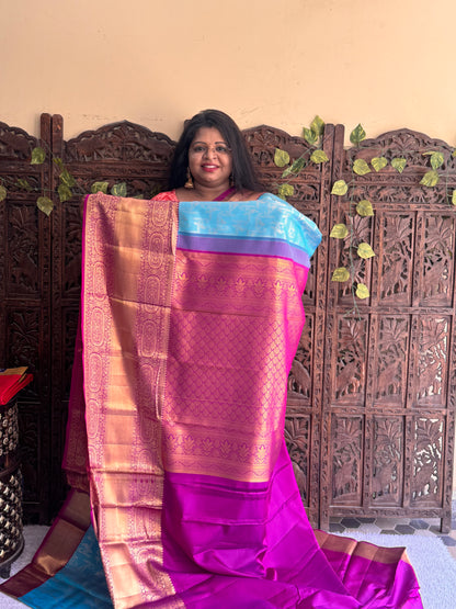 Blue Kanjivaram Silk Saree | Weaving Border With Geometric Pattern & Parrot Butta | Handloom | Silk Mark Certified