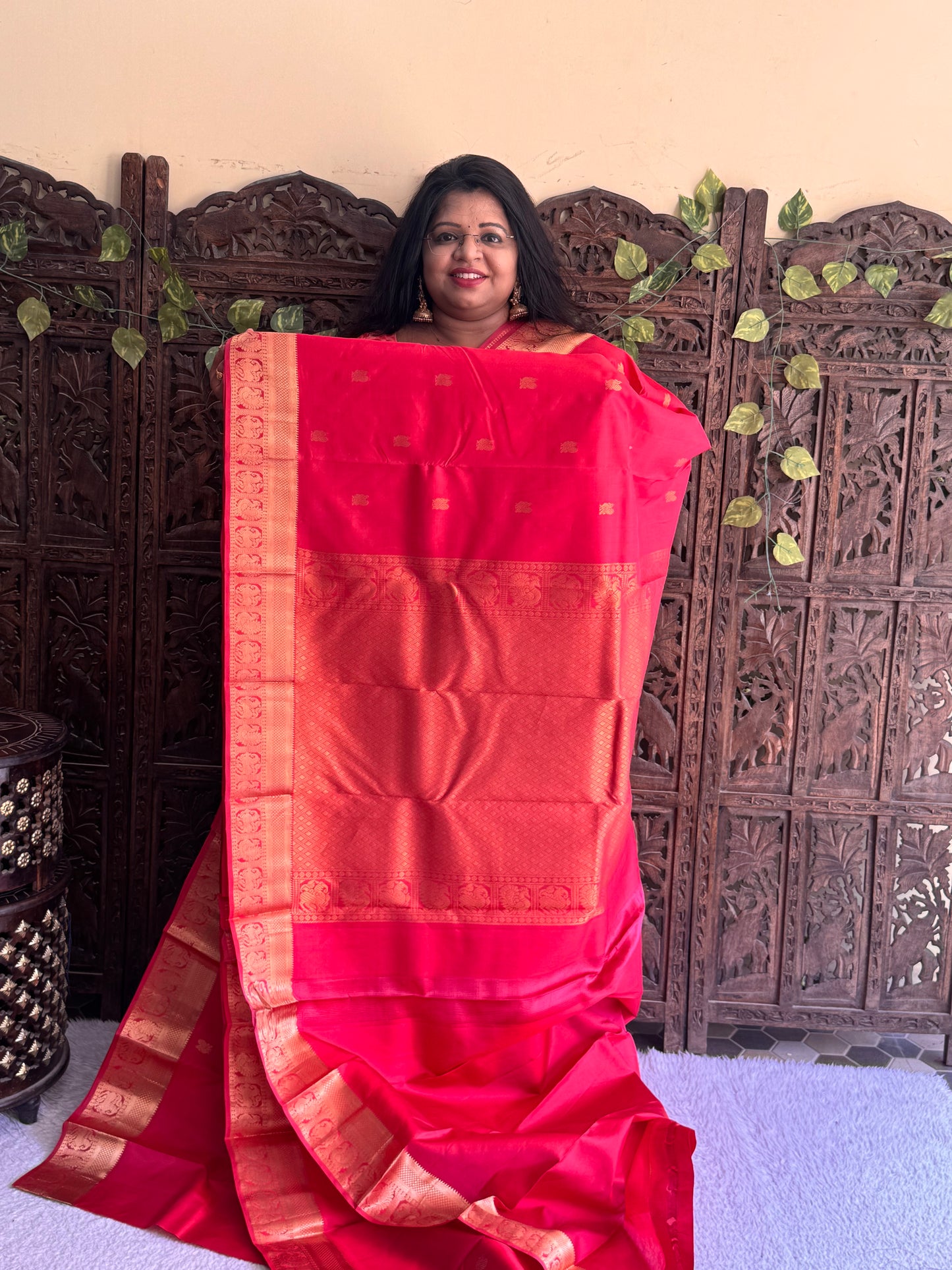 Peach Kanjivaram Silk Saree | Weaving Border With Peacock Butta| Handloom | Silk Mark Certified
