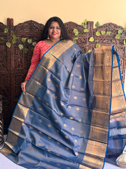 Blue Pure Kanjivaram Silk Saree | Weaving Border With Oosi Lines And Kolam Motif | Handloom | Silk Mark Certified