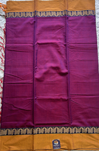 Narayanpet Cotton Saree Purple Colored Complemented with a Plain Border. - Sampradaya Designer Studio