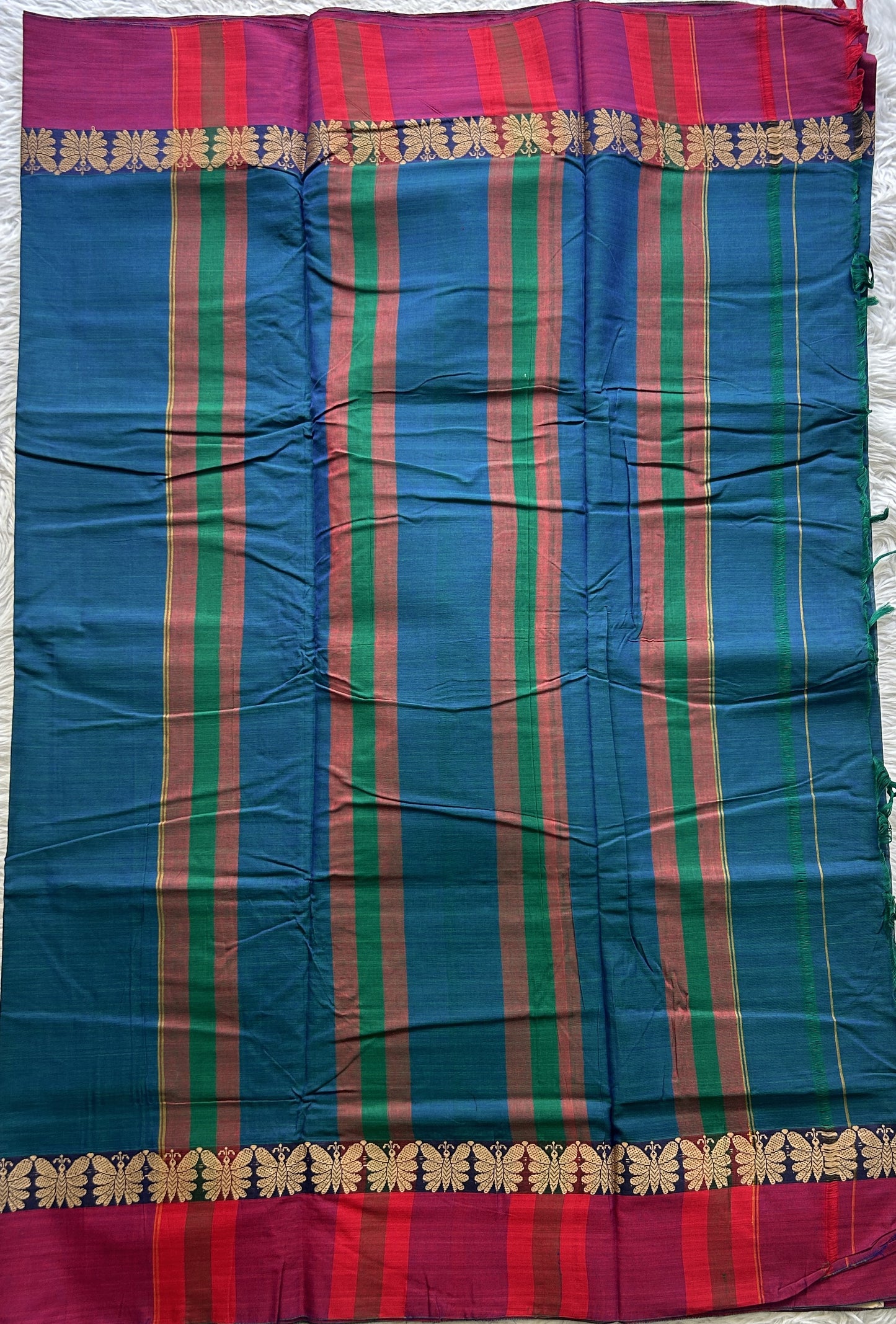 Narayanpet Cotton Saree Peacock Blue Colored Complemented with a Plain Border. - Sampradaya Designer Studio