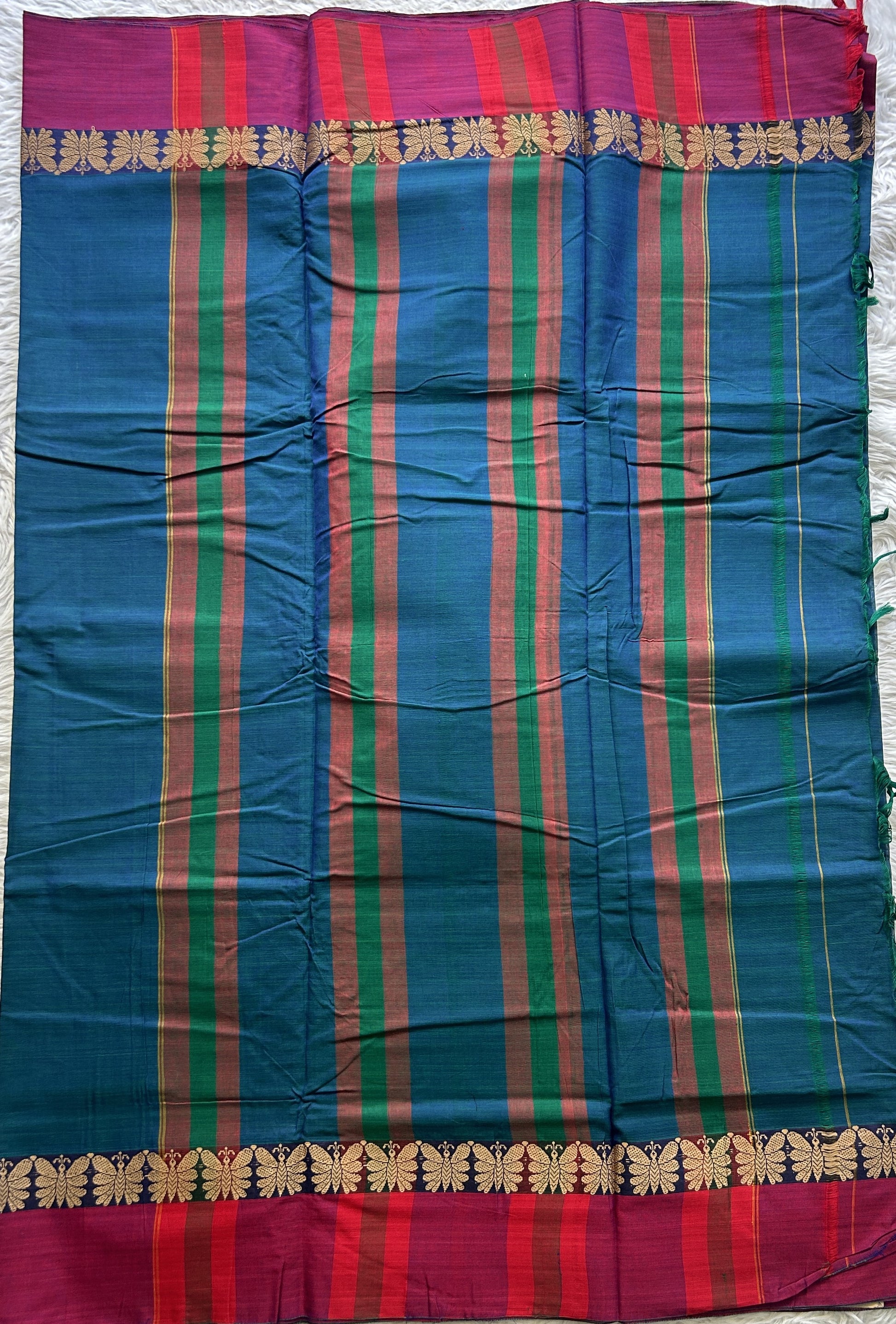 Narayanpet Cotton Saree Peacock Blue Colored Complemented with a Plain Border. - Sampradaya Designer Studio
