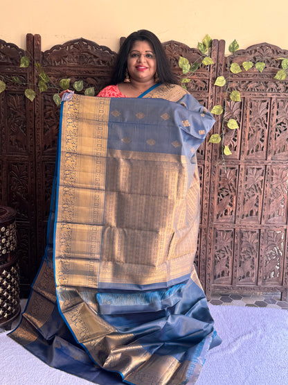 Blue Pure Kanjivaram Silk Saree | Weaving Border With Oosi Lines And Kolam Motif | Handloom | Silk Mark Certified