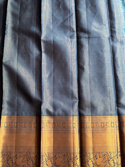 Blue Pure Kanjivaram Silk Saree | Weaving Border With Oosi Lines And Kolam Motif | Handloom | Silk Mark Certified