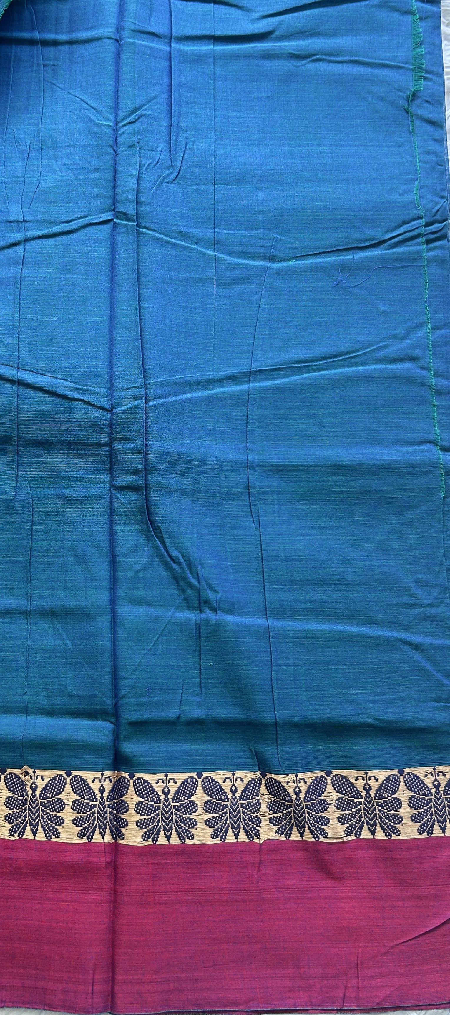 Narayanpet Cotton Saree Peacock Blue Colored Complemented with a Plain Border. - Sampradaya Designer Studio