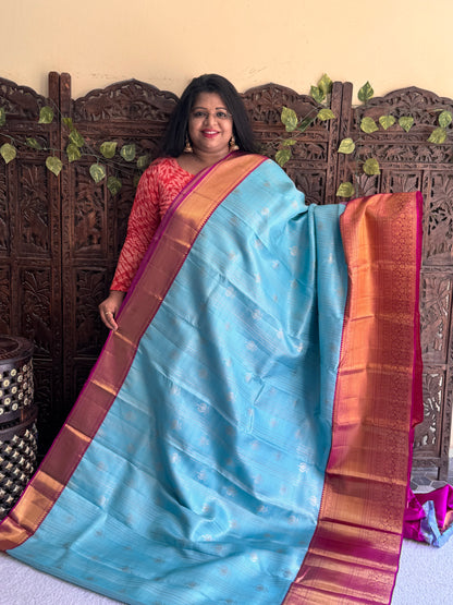 Blue Kanjivaram Silk Saree | Weaving Border With Checks & Peacock Butta | Handloom | Silk Mark Certified
