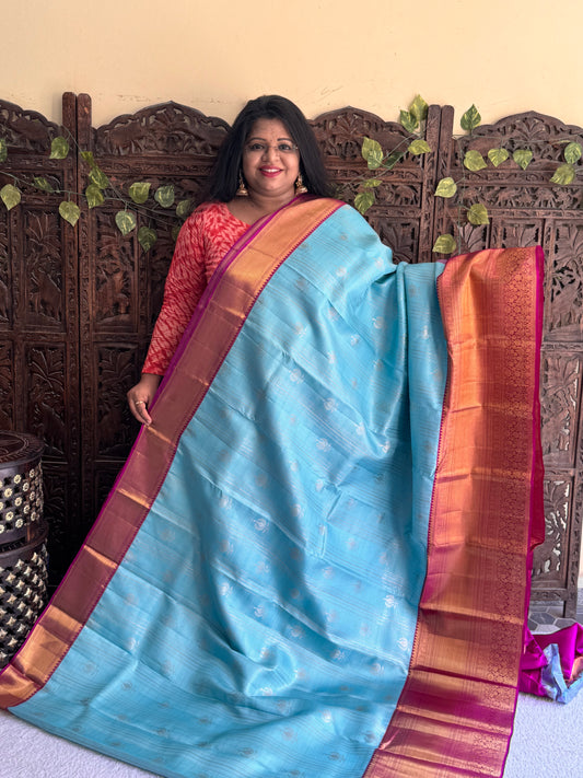 Blue Kanjivaram Silk Saree | Weaving Border With Checks & Peacock Butta | Handloom | Silk Mark Certified