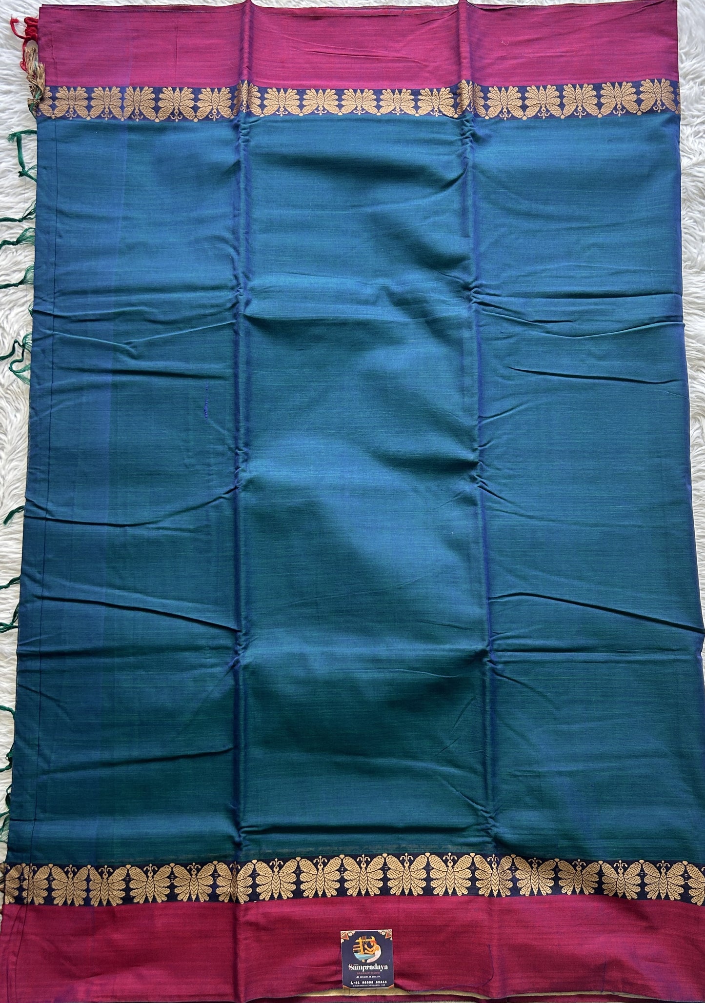Narayanpet Cotton Saree Peacock Blue Colored Complemented with a Plain Border. - Sampradaya Designer Studio