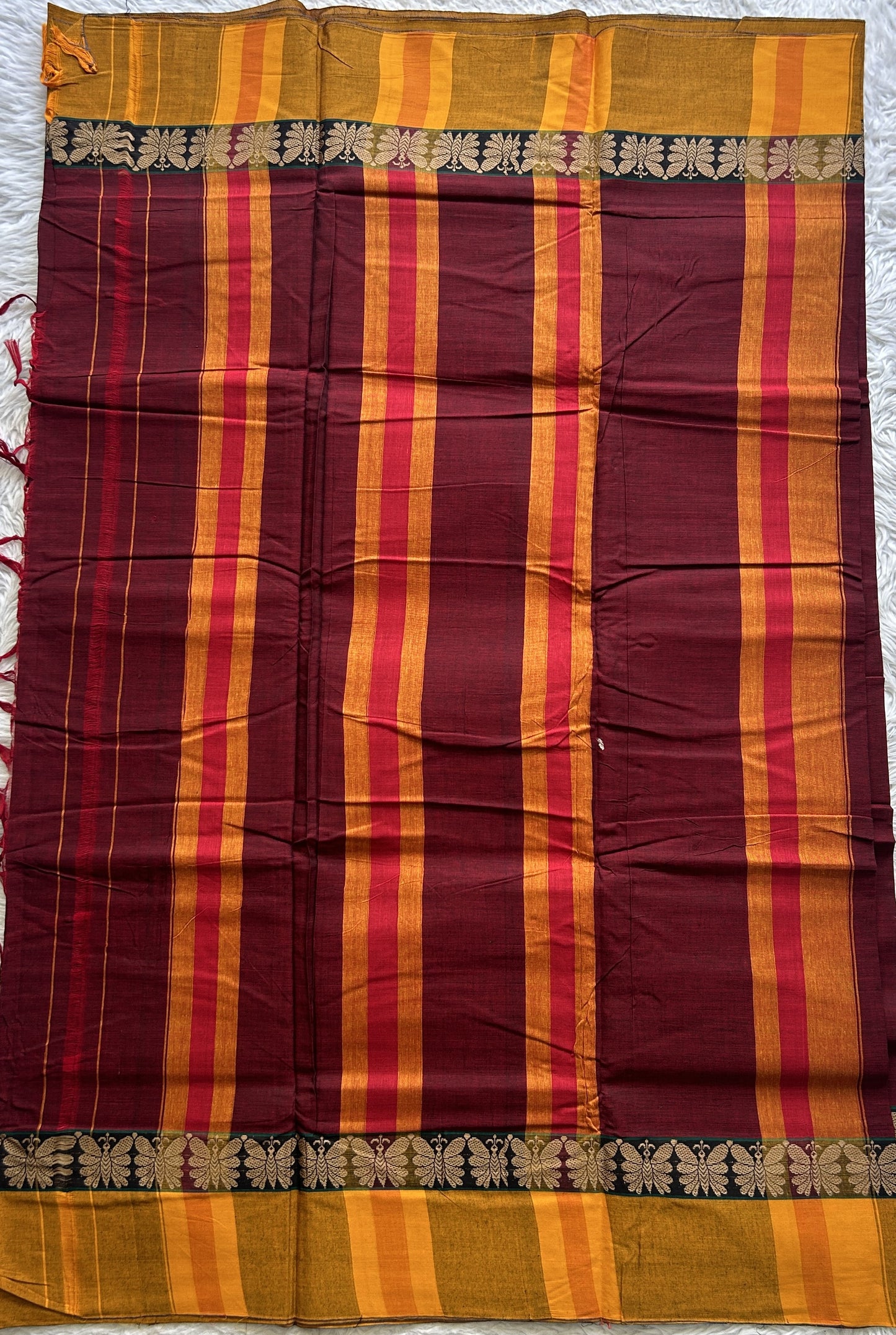 Narayanpet Cotton Saree Maroon Colored Complemented with a Thread Border. - Sampradaya Designer Studio