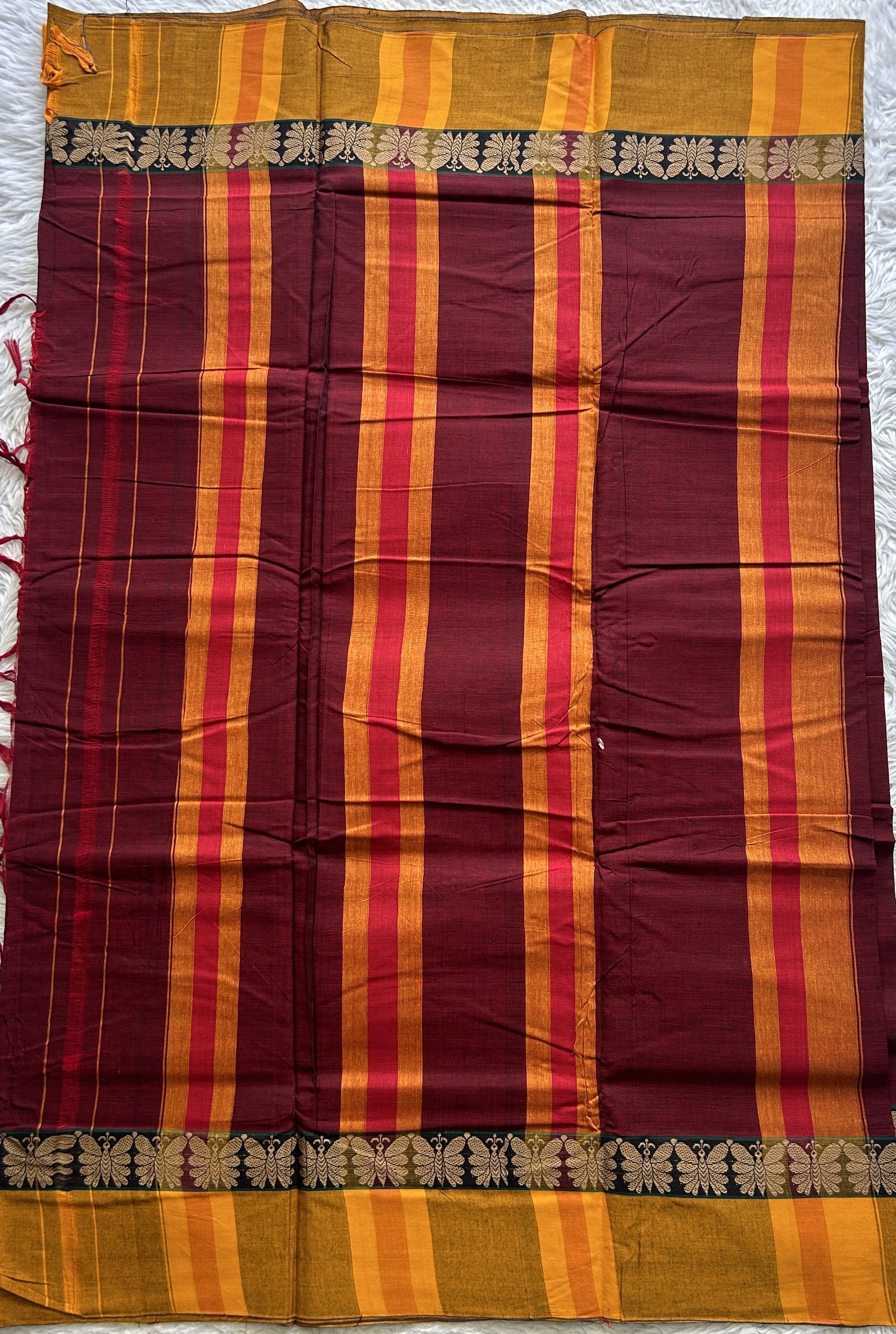Narayanpet Cotton Saree Maroon Colored Complemented with a Thread Border. - Sampradaya Designer Studio