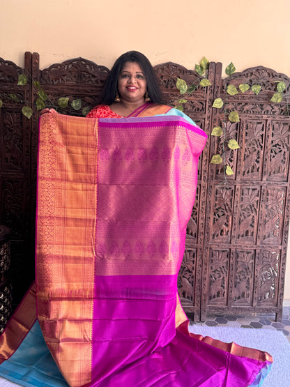 Blue Kanjivaram Silk Saree | Weaving Border With Checks & Peacock Butta | Handloom | Silk Mark Certified