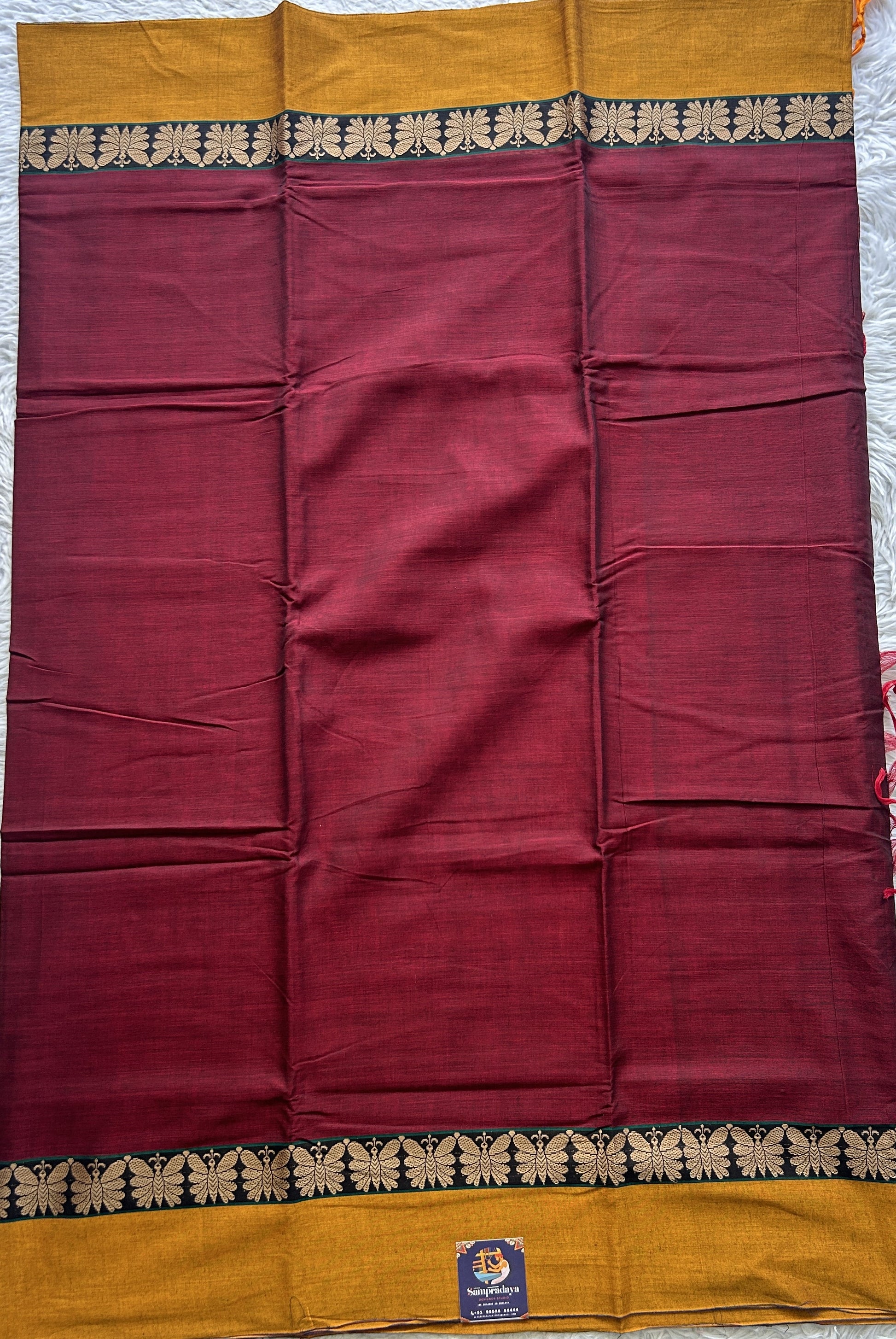Narayanpet Cotton Saree Maroon Colored Complemented with a Thread Border. - Sampradaya Designer Studio