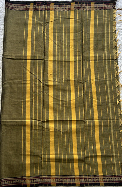 Narayanpet Cotton Saree Dark Olive Green Colored Complemented with a Thread Border. - Sampradaya Designer Studio