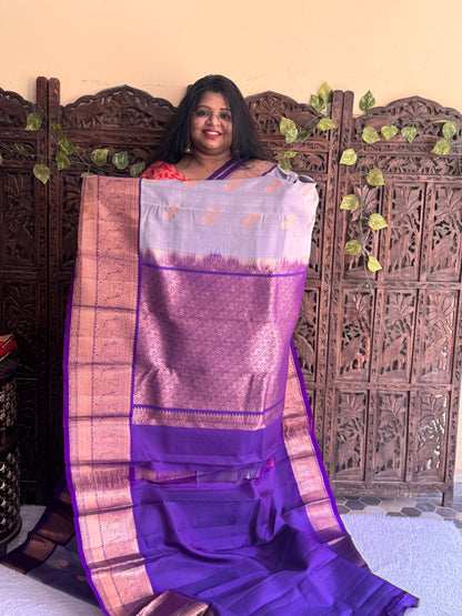 Pure Kanjivaram Silk Saree | Lavender With Gold Zari Border | Handloom | Silk Mark Certified