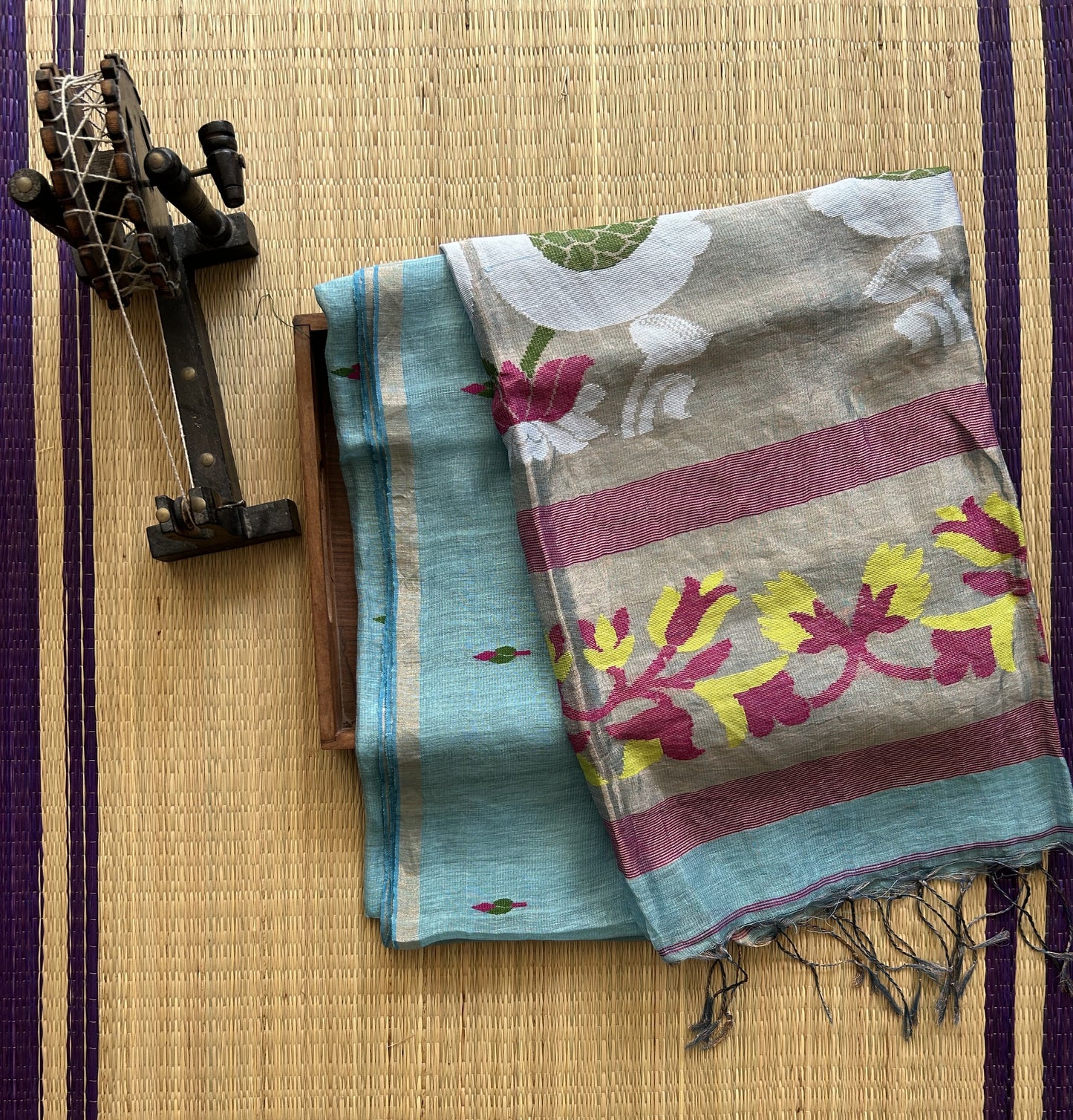 Blue Pure Tissue Linen Jamdani Saree with Gold Zari Border | Pure Handloom