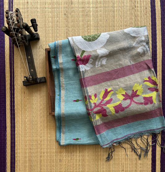 Blue Pure Tissue Linen Jamdani Saree with Gold Zari Border | Pure Handloom
