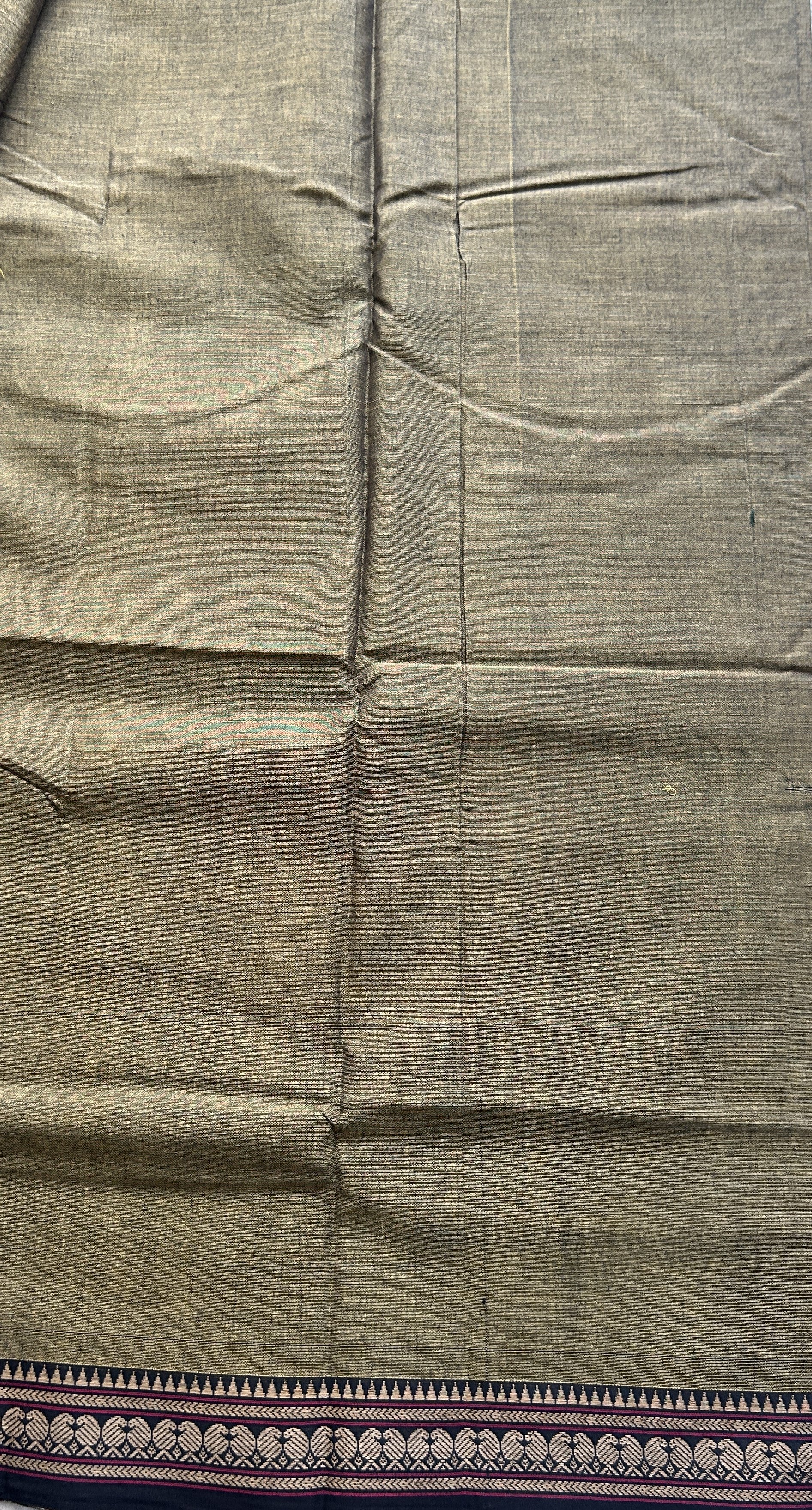 Narayanpet Cotton Saree Dark Olive Green Colored Complemented with a Thread Border. - Sampradaya Designer Studio