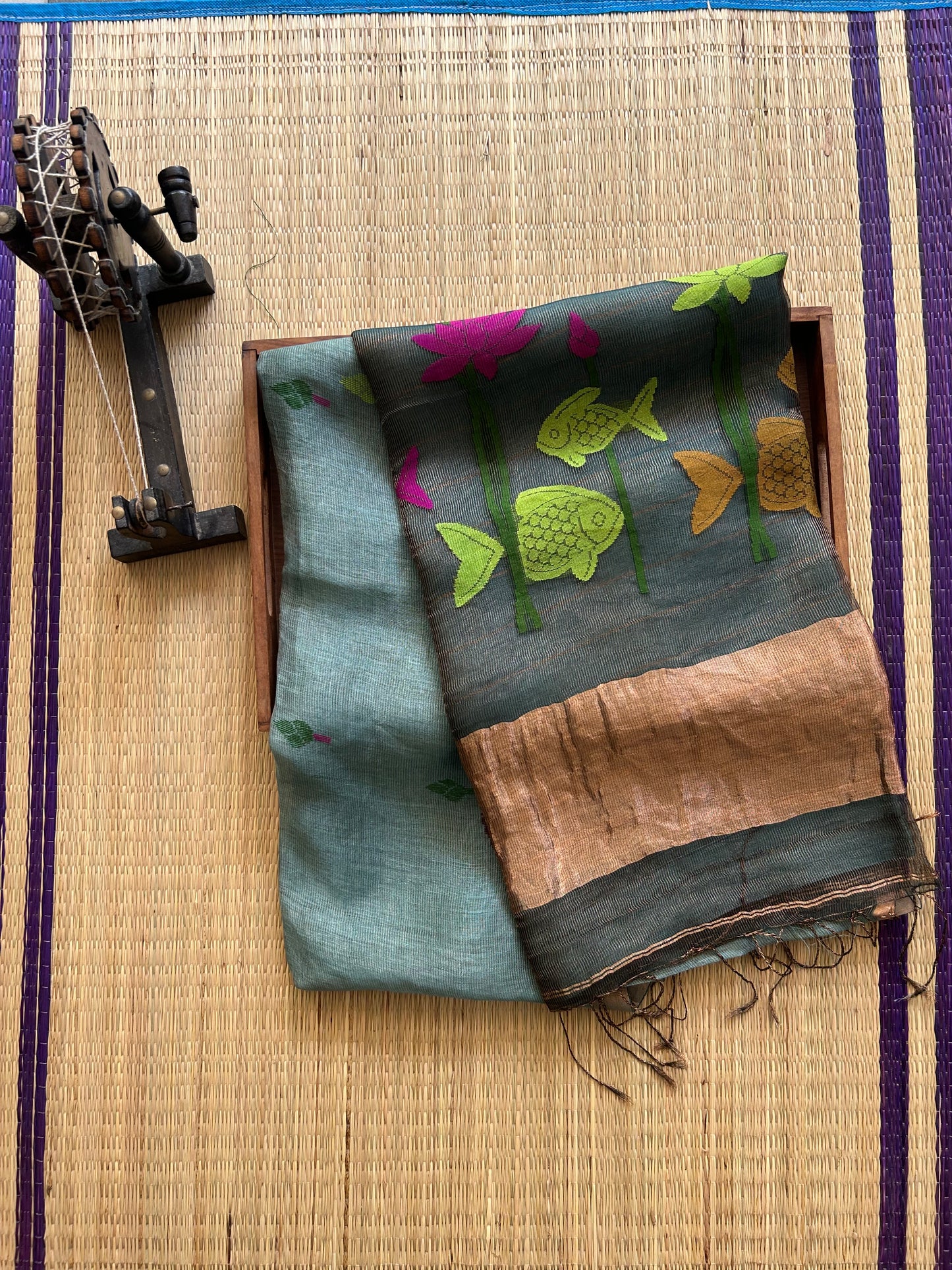 Blueish Gray Pure Tissue Linen Jamdani Saree with Gold Zari Border | Pure Handloom