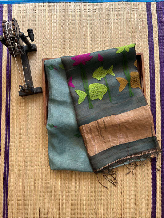 Blueish Gray Pure Tissue Linen Jamdani Saree with Gold Zari Border | Pure Handloom