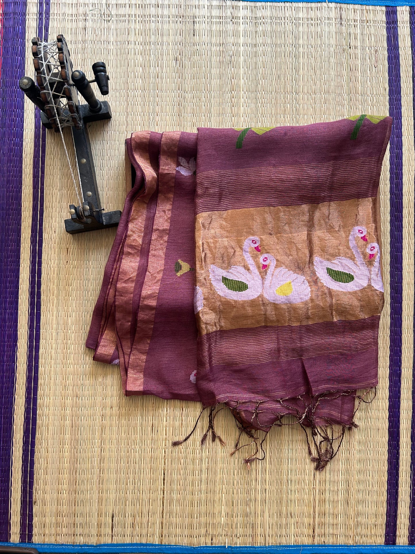 Wine Pure Tissue Linen Jamdani Saree with Gold Zari Border | Pure Handloom