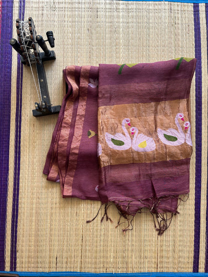 Wine Pure Tissue Linen Jamdani Saree with Gold Zari Border | Pure Handloom