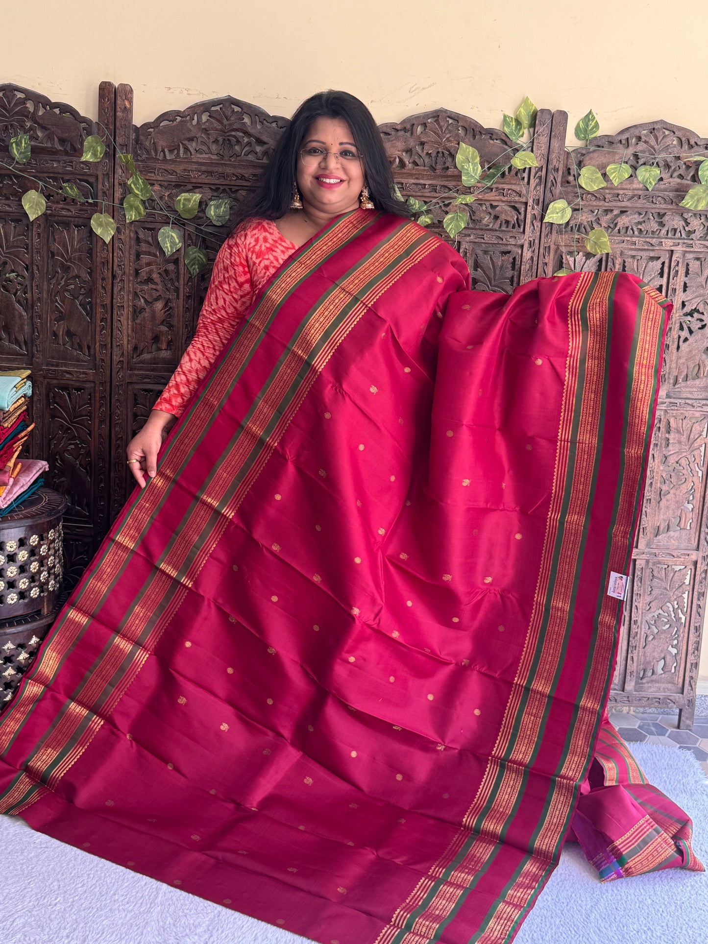 Maroon Pure Kanjivaram Silk Saree | Gap Border with Rudraksha & Swan Butti  | Handloom | Silk Mark Certified