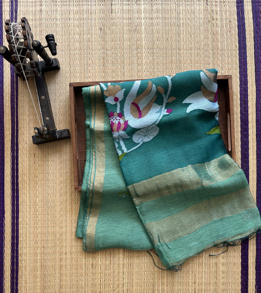 Sea Green Pure Tissue Linen Jamdani Saree with Gold Zari Border | Pure Handloom