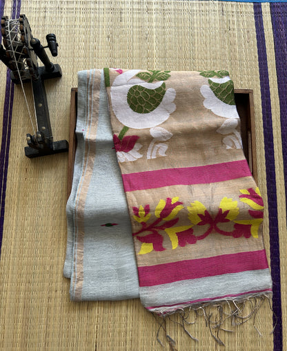 Gray Pure Tissue Linen Jamdani Saree with Gold Zari Border | Pure Handloom