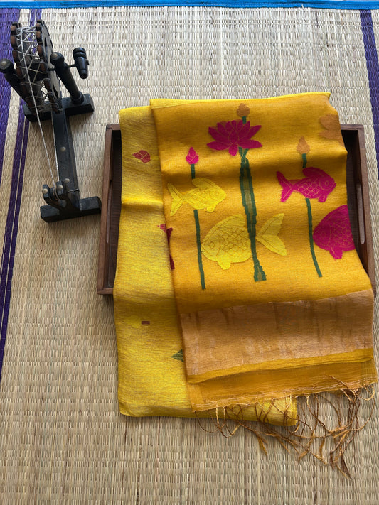 Yellow Pure Tissue Linen Jamdani Saree with Gold Zari Border | Pure Handloom