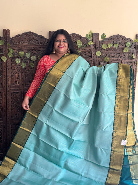 Sea Green Kanjivaram Silk Saree | Weaving Border With Checks & All- Over Butta | Handloom | Silk Mark Certified