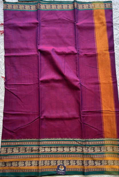 Narayanpet Cotton Saree Magenta Colored Complemented with a Thread Border. - Sampradaya Designer Studio