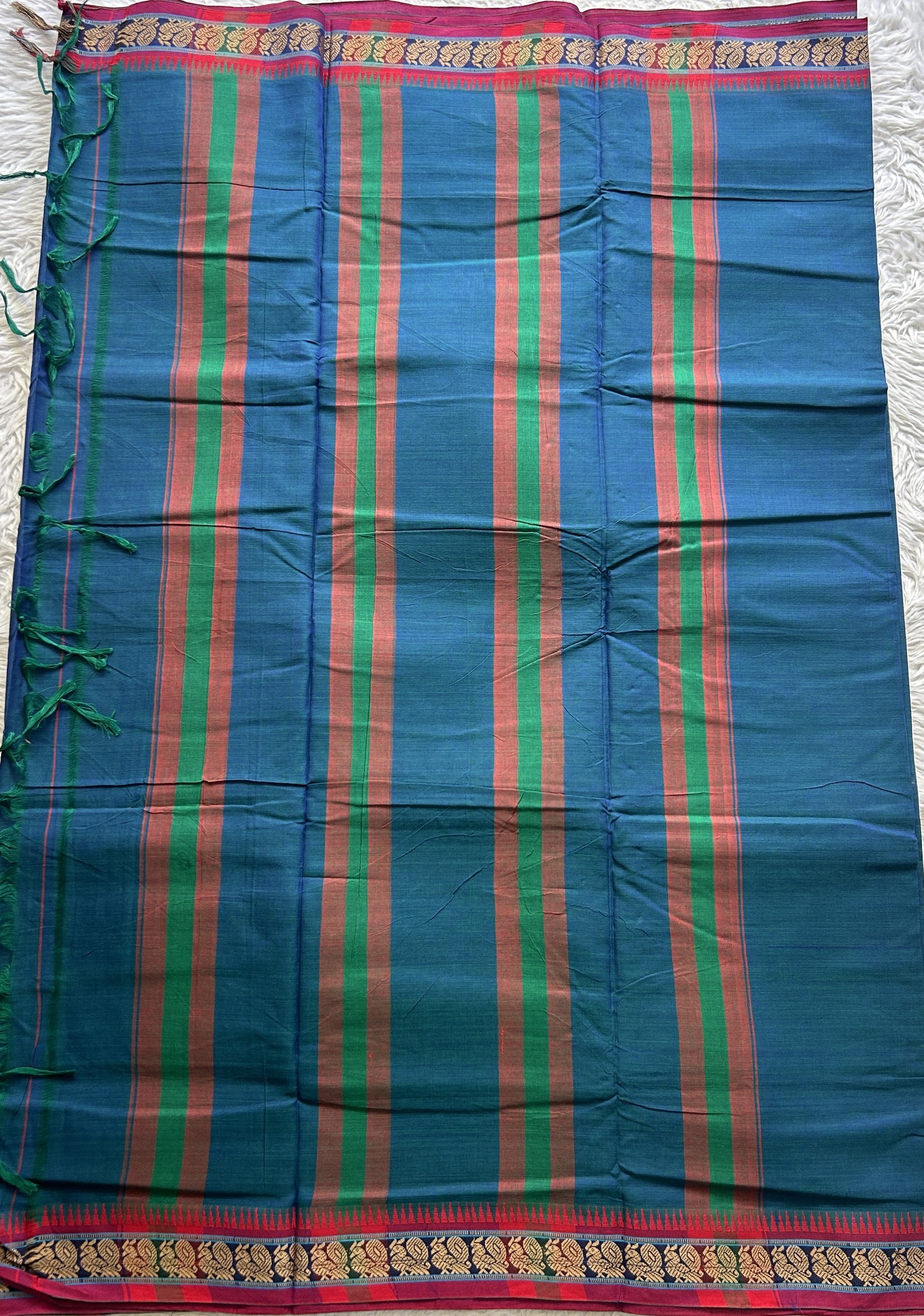 Narayanpet Cotton Saree Peacock Blue Colored Complemented with a Thread Border. - Sampradaya Designer Studio
