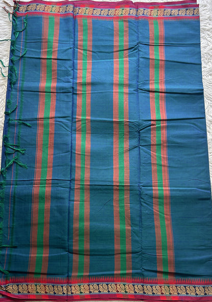 Narayanpet Cotton Saree Peacock Blue Colored Complemented with a Thread Border. - Sampradaya Designer Studio