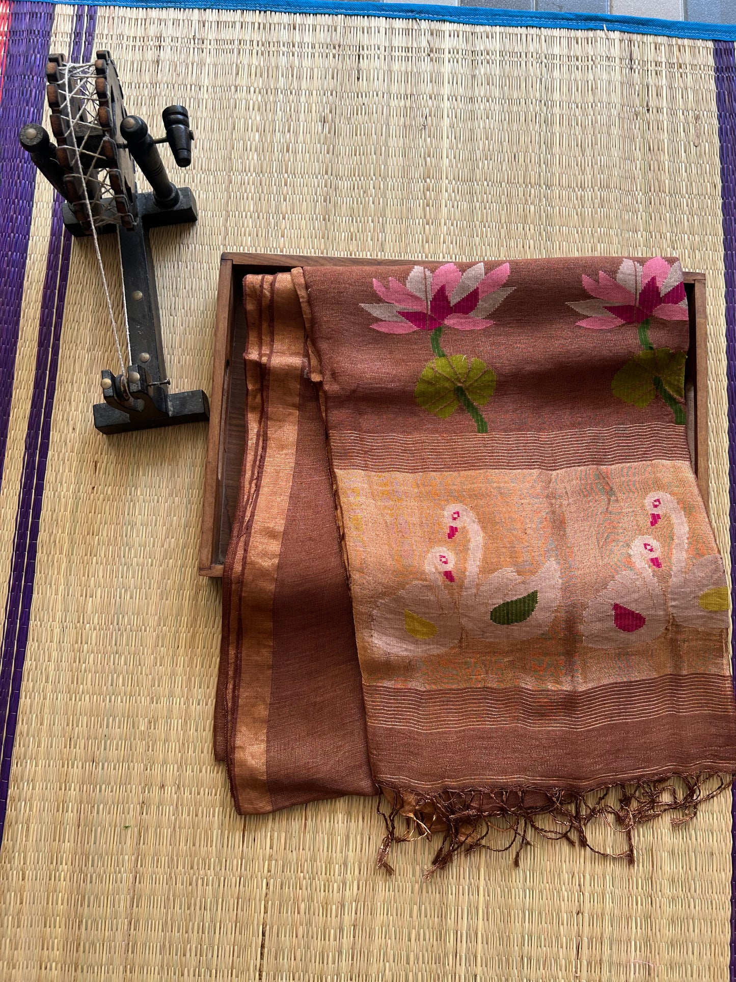 Brown Pure Tissue Linen Jamdani Saree with Gold Zari Border | Pure Handloom