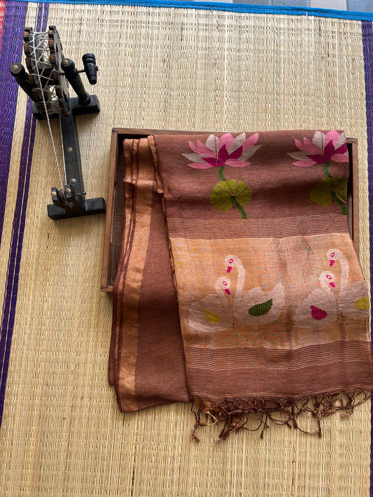 Brown Pure Tissue Linen Jamdani Saree with Gold Zari Border | Pure Handloom