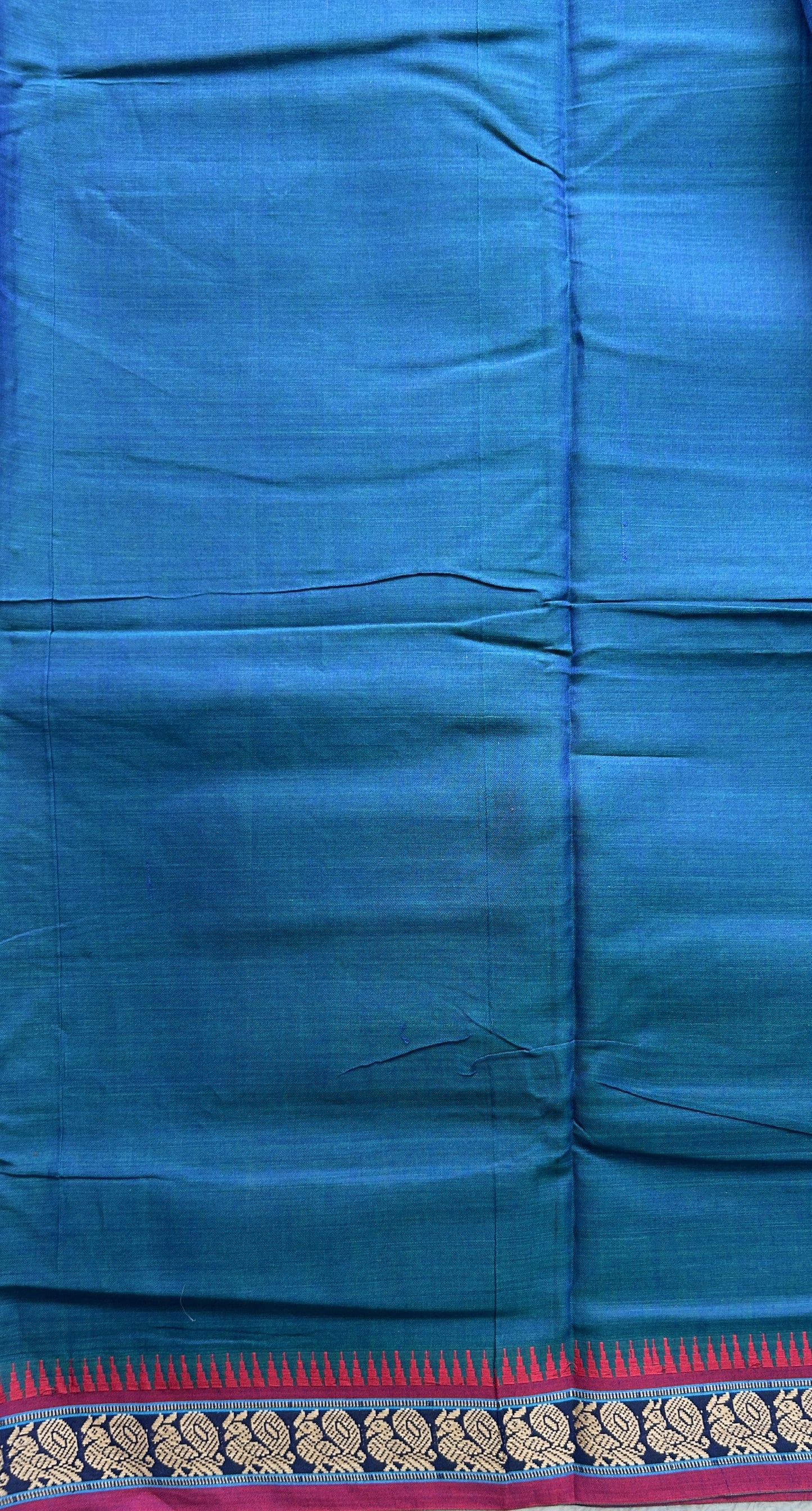 Narayanpet Cotton Saree Peacock Blue Colored Complemented with a Thread Border. - Sampradaya Designer Studio