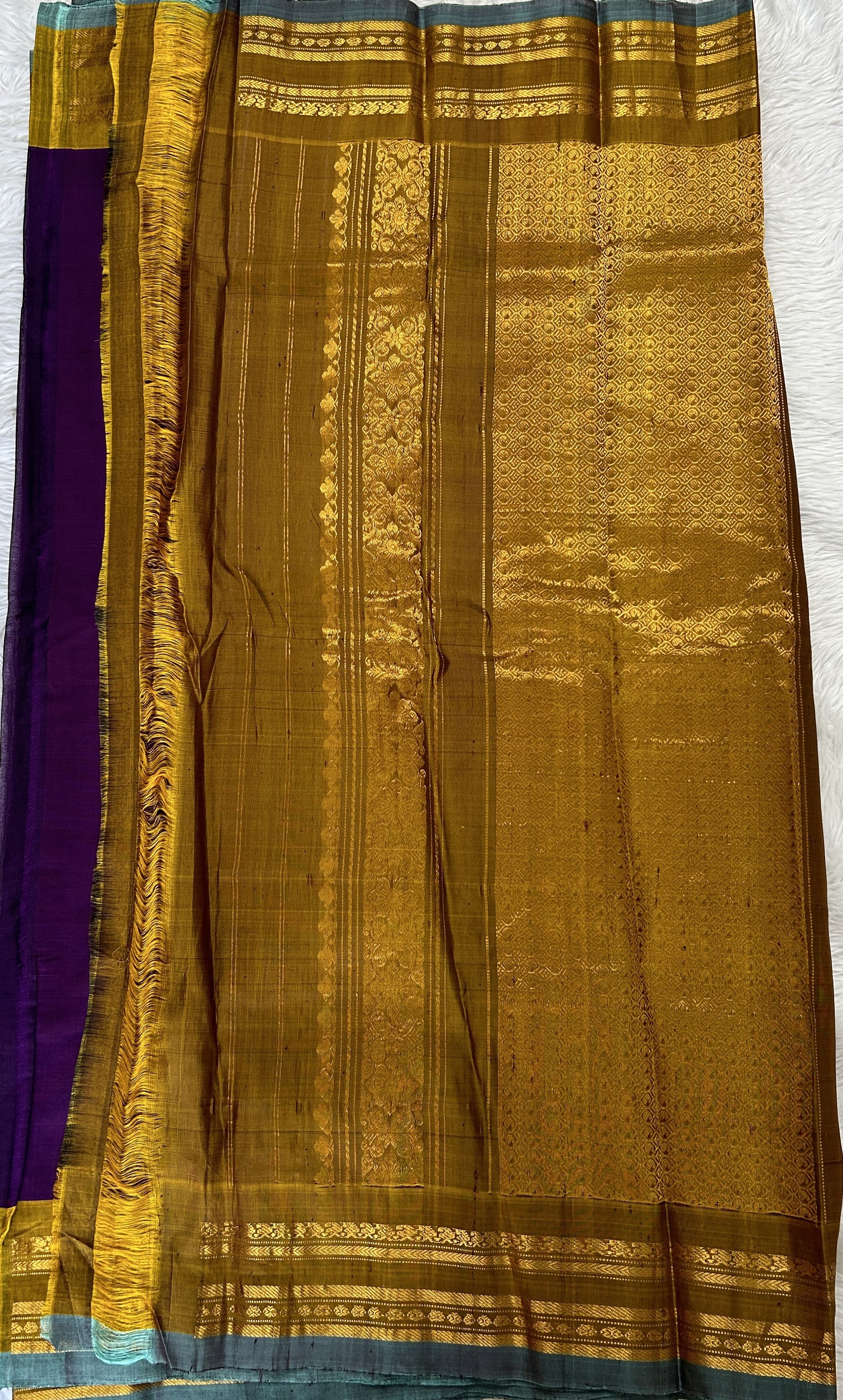 Gadwal Sico Saree Purple colored complemented with a Mustard Yellow Kanchi Border. - Sampradaya Designer Studio