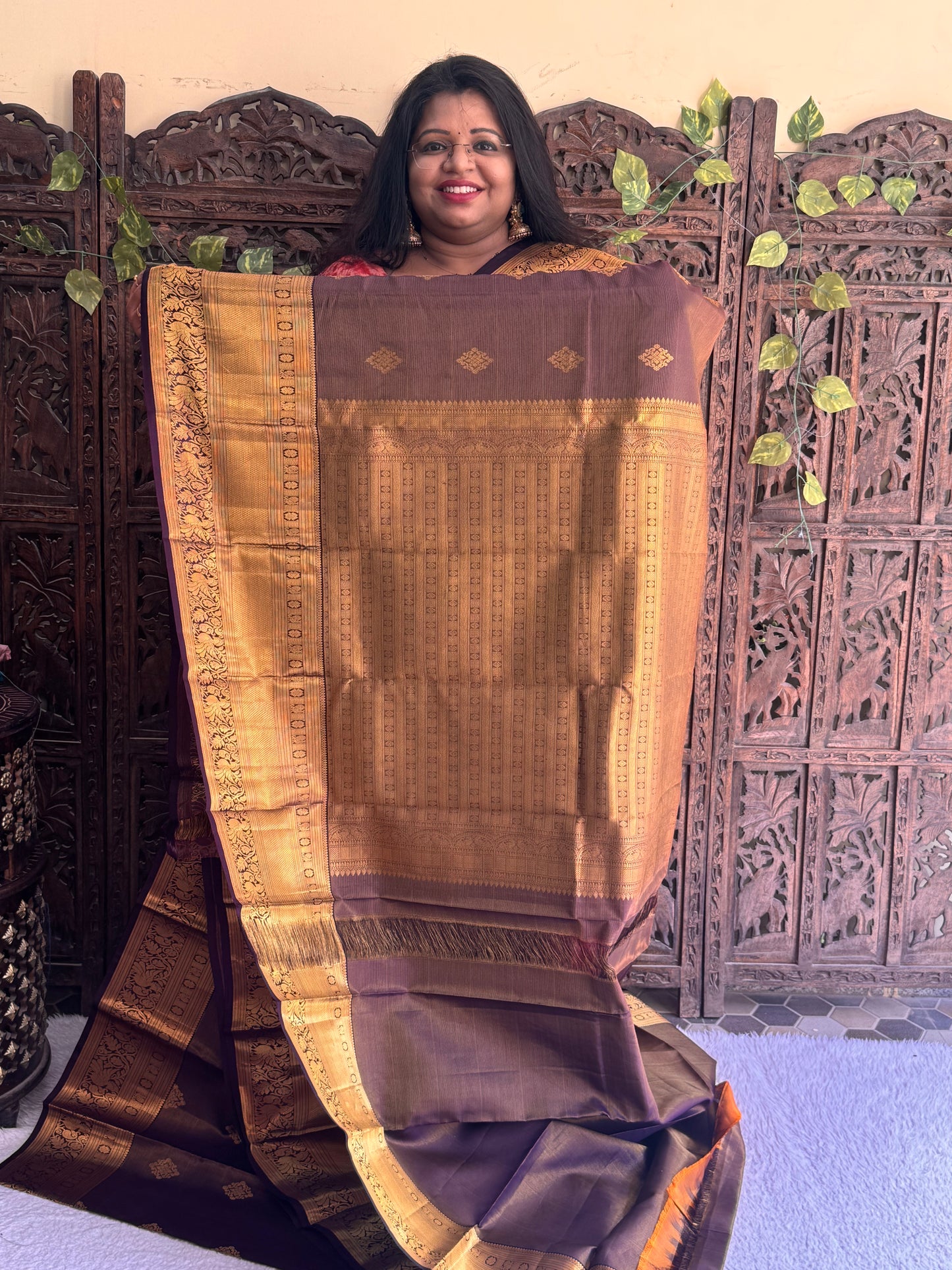 Purple Pure Kanjivaram Silk Saree | Weaving Border With Oosi Lines And Kolam Motif | Handloom | Silk Mark Certified