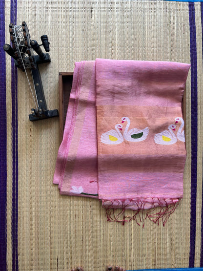 Light Pink Pure Tissue Linen Jamdani Saree with Gold Zari Border | Pure Handloom