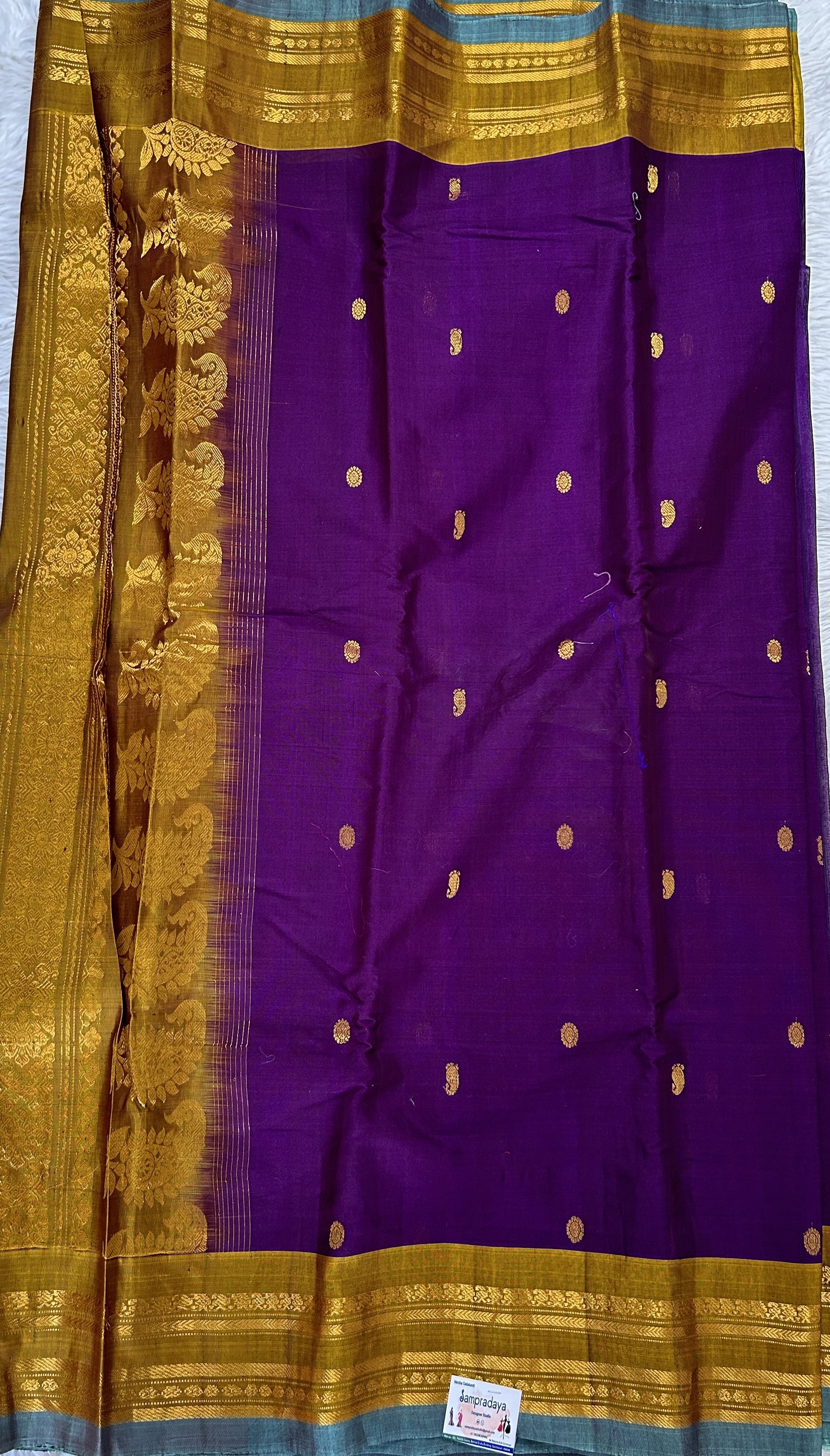 Gadwal Sico Saree Purple colored complemented with a Mustard Yellow Kanchi Border. - Sampradaya Designer Studio