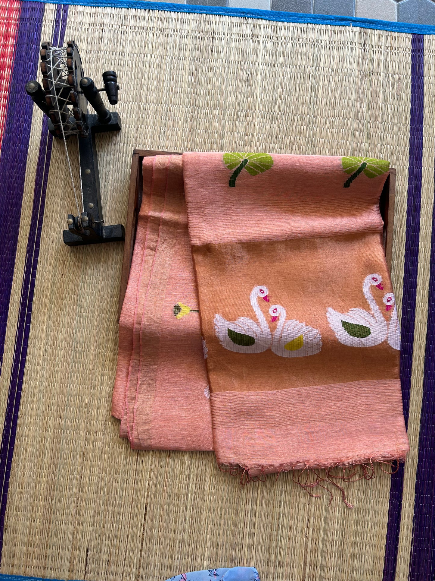 Peach Pure Tissue Linen Jamdani Saree with Gold Zari Border | Pure Handloom