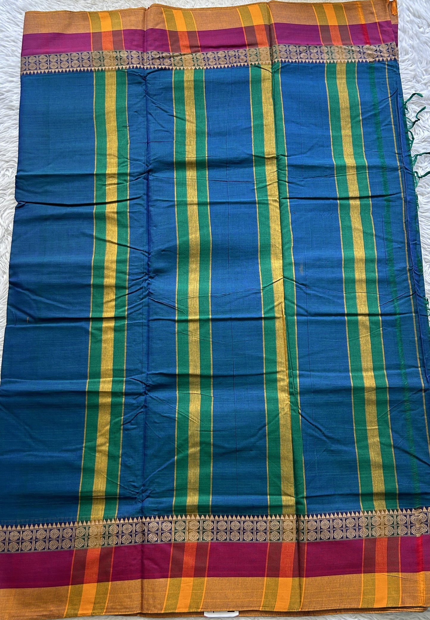 Narayanpet Cotton Saree Peacock Blue Colored Complemented with a Gap Border. - Sampradaya Designer Studio