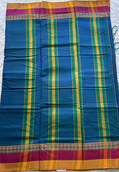 Narayanpet Cotton Saree Peacock Blue Colored Complemented with a Gap Border. - Sampradaya Designer Studio