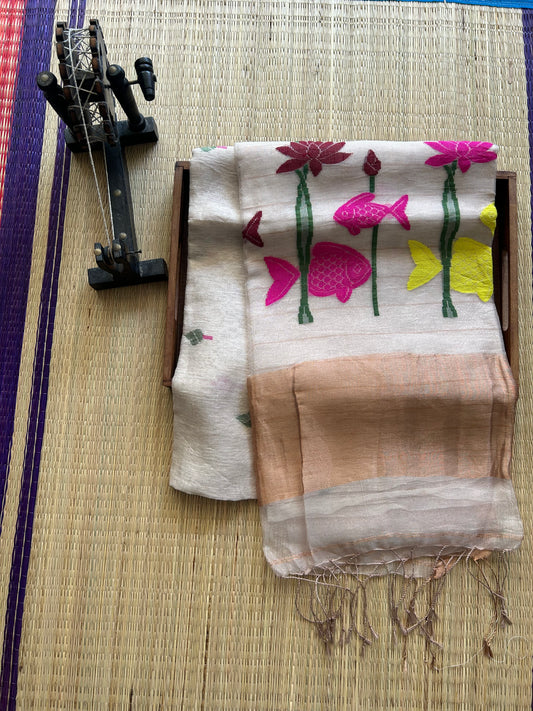 Off White Pure Tissue Linen Jamdani Saree with Gold Zari Border | Pure Handloom