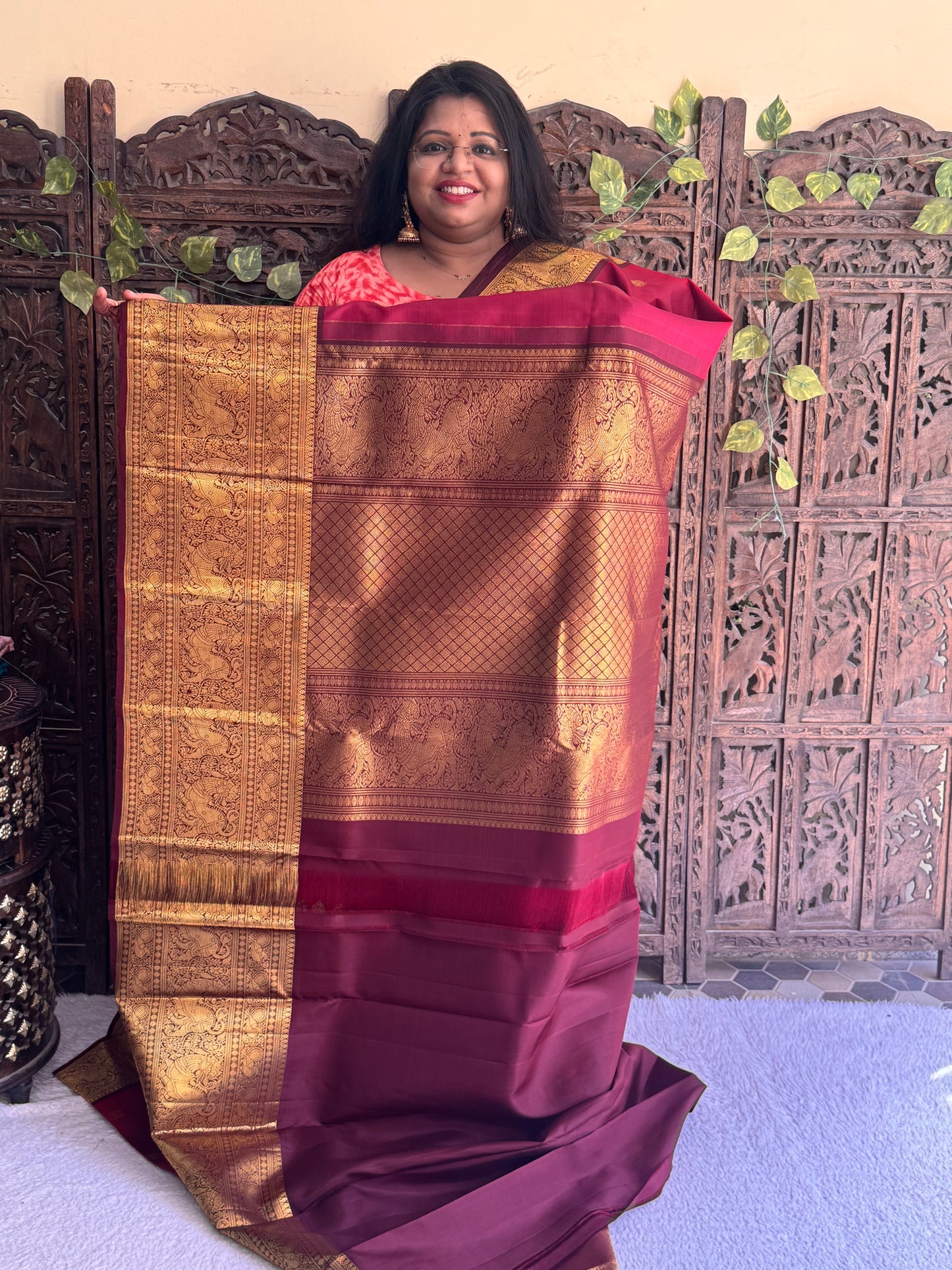 Maroon Kanjivaram Silk Saree | Weaving Border With Gandaberunda & Elephant Butta| Handloom | Silk Mark Certified