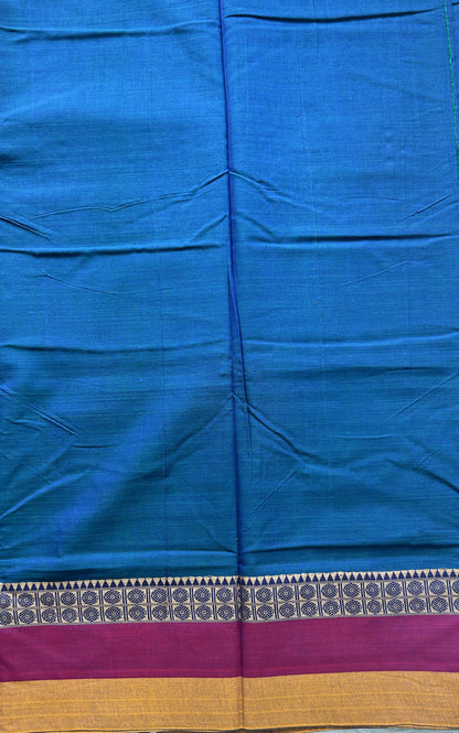 Narayanpet Cotton Saree Peacock Blue Colored Complemented with a Gap Border. - Sampradaya Designer Studio